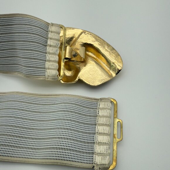 CHARMANT Gold-Tone Abstract Swirl Floral Elastic Stretch Belt, 2.5″ Wide 25.5" L - Picture 3 of 10